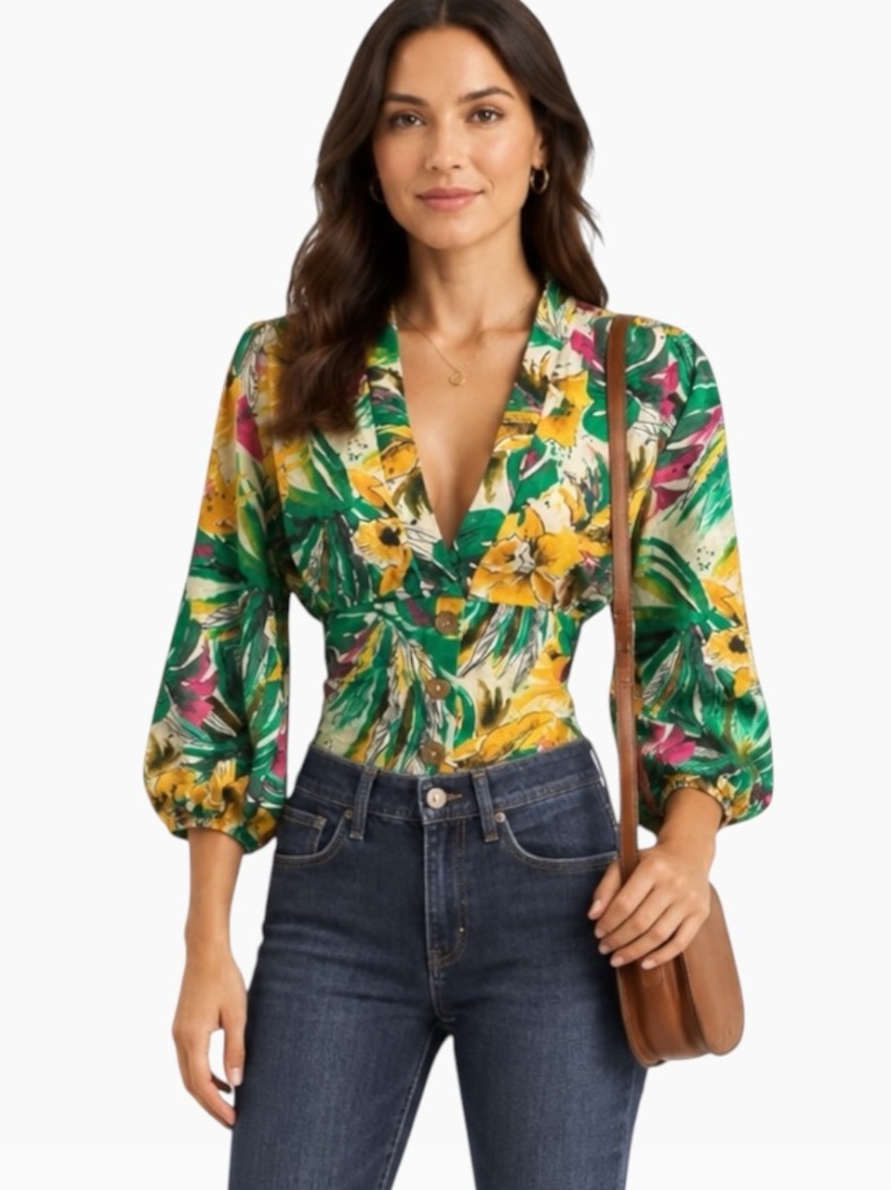 Miss Selens | Floral Fitted Midriff V-Neck Top Sz M EUC